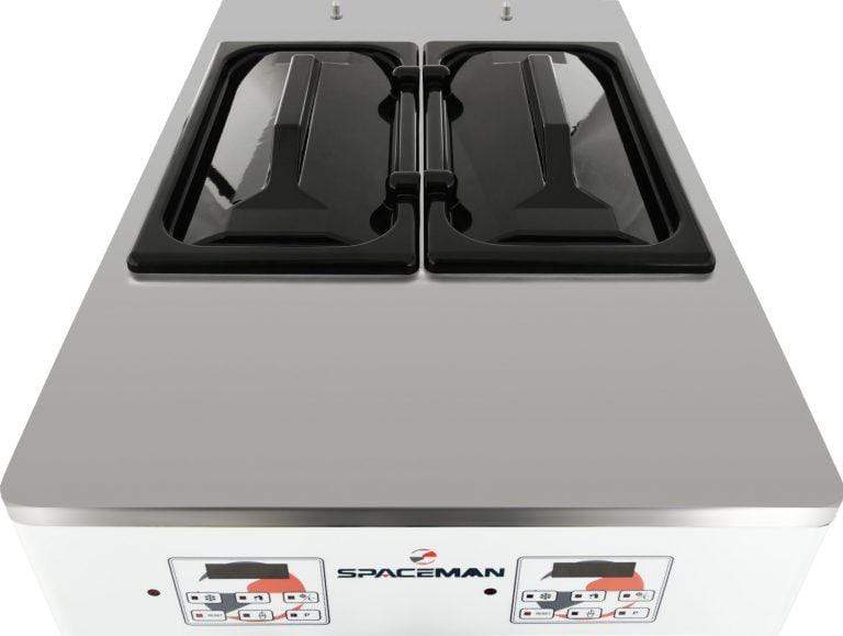 Spaceman - 208-220V Pressurized Dual Flavor Air Cooled Twin Twist Free-Standing Soft Serve Ice Cream Machine with 2 Hoppers and 3 Dispensers - 6378A-C