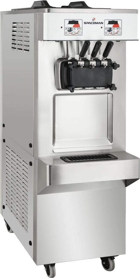 Spaceman - 208-220V Pressurized Dual Flavor Air Cooled Twin Twist Free-Standing Soft Serve Ice Cream Machine with 2 Hoppers and 3 Dispensers - 6378A-C