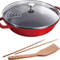 Staub - 12" Cast Iron Wok with Glass Lid Cherry Red (30 cm) - 40511-345