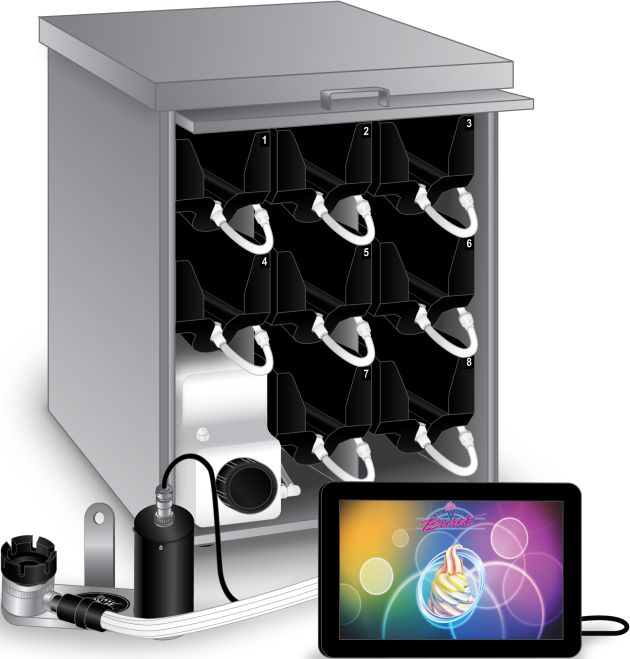 Stoelting - 17" x 25" x 22.75" Eight Flavor Striped Deluxe Flavor Burst Soft Serve System - STL-80SS-DLX (Pre-Order Now, ETA 8-12 Weeks)