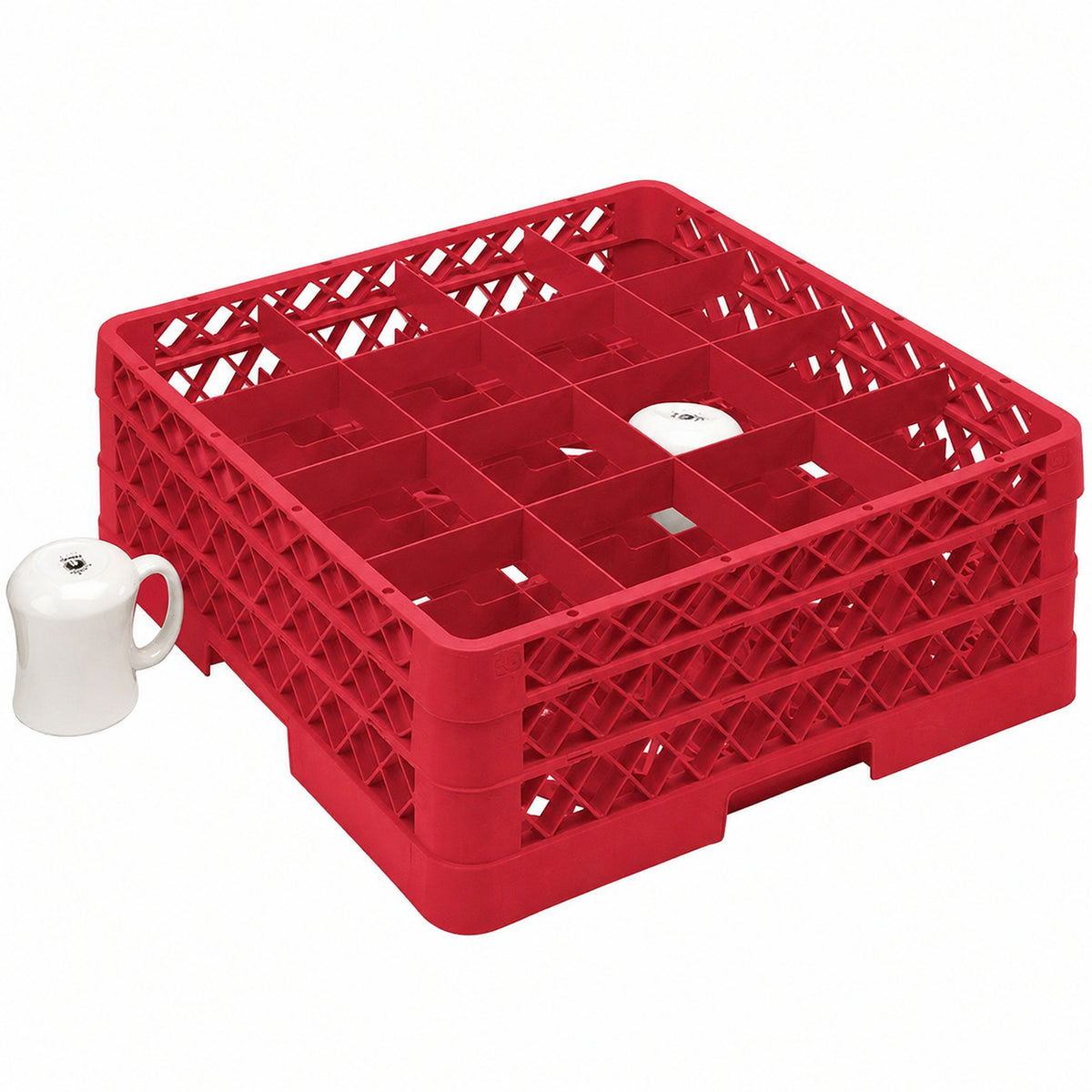 Vollrath - 16-Compartment Traex Full-Size Cup Rack, 19.75" x 19.75" x 7.125" in Red with 2 Risers - TR4DD-02