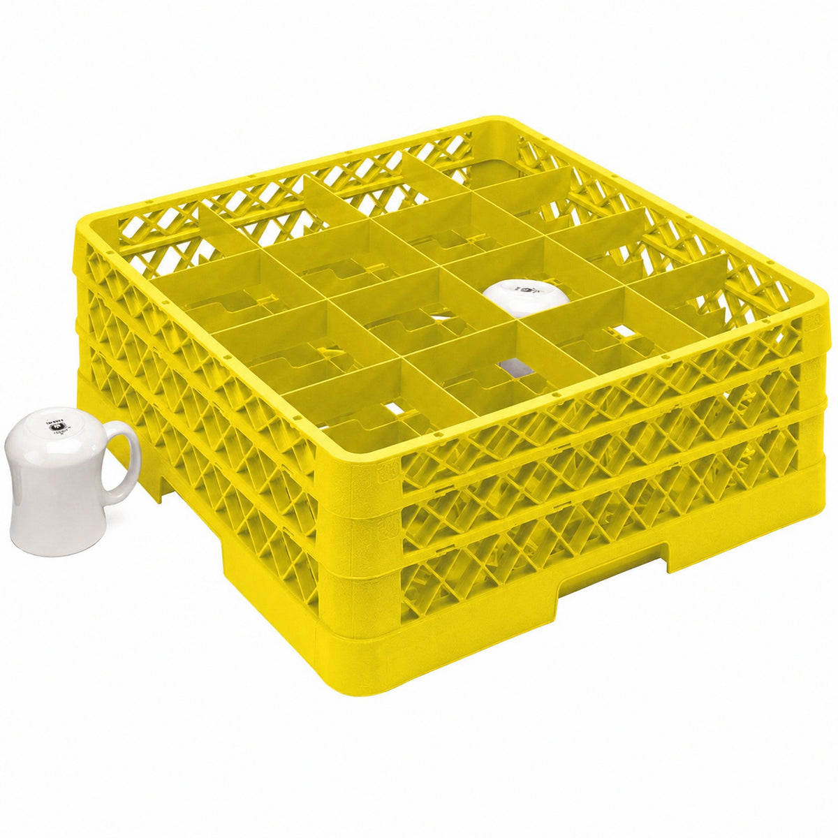 Vollrath - 16-Compartment Traex Full-Size Cup Rack, 19.75" x 19.75" x 7.125" in Yellow with 2 Risers - TR4DD-08