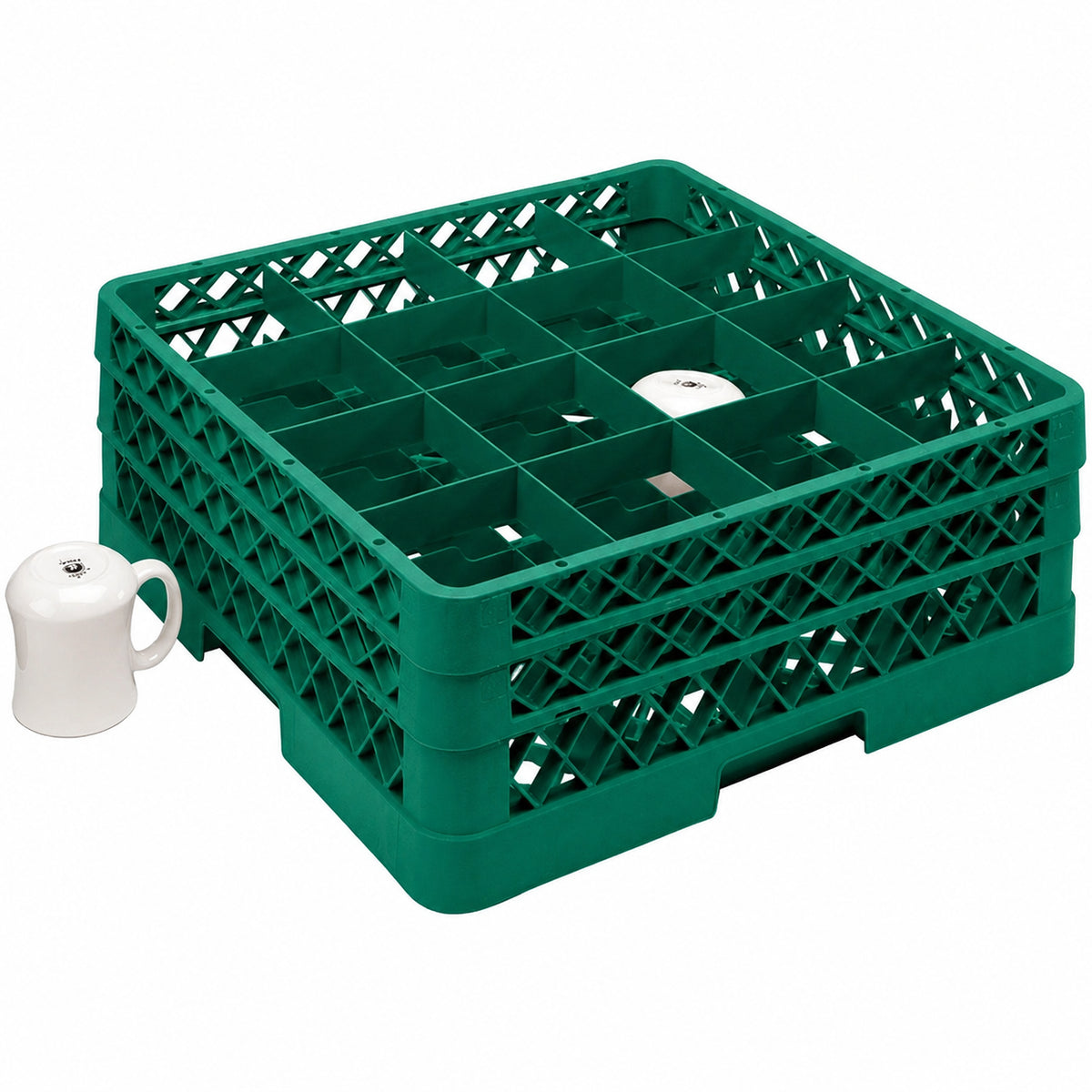 Vollrath - 16-Compartment Traex Full-Size Cup Rack, 19.75" x 19.75" x 7.125" in Green with 2 Risers - TR4DD-19