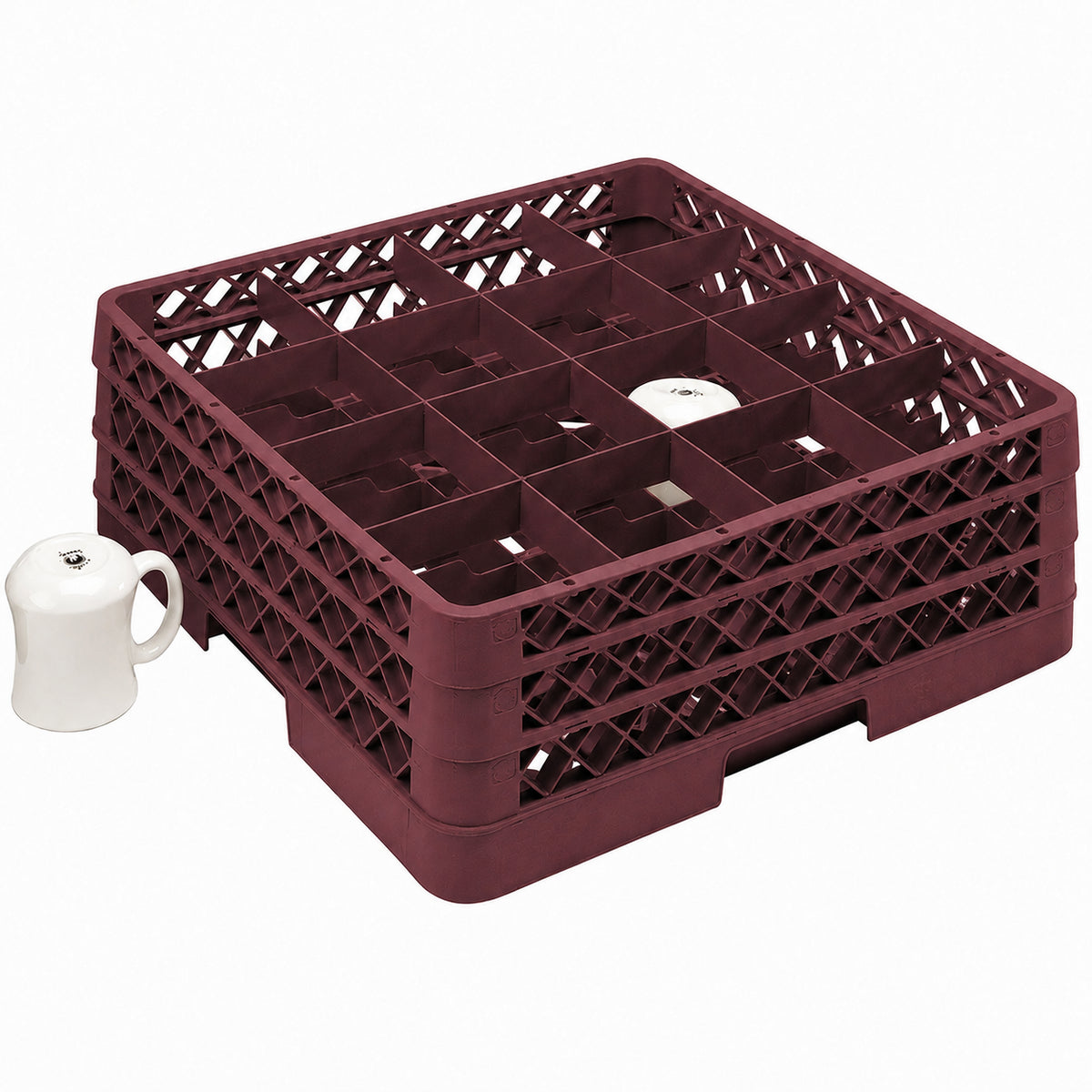 Vollrath - 16-Compartment Traex Full-Size Cup Rack, 19.75" x 19.75" x 7.125" in Burgundy with 2 Risers - TR4DD-21