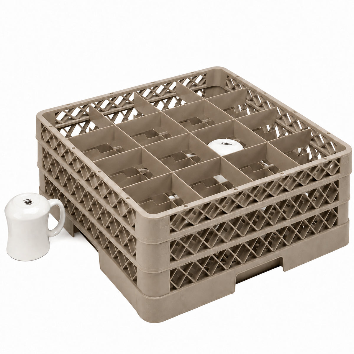 Vollrath - 16-Compartment Traex Full-Size Cup Rack, 19.75" x 19.75" x 7.125" in Beige with 2 Risers - TR4DD-32908
