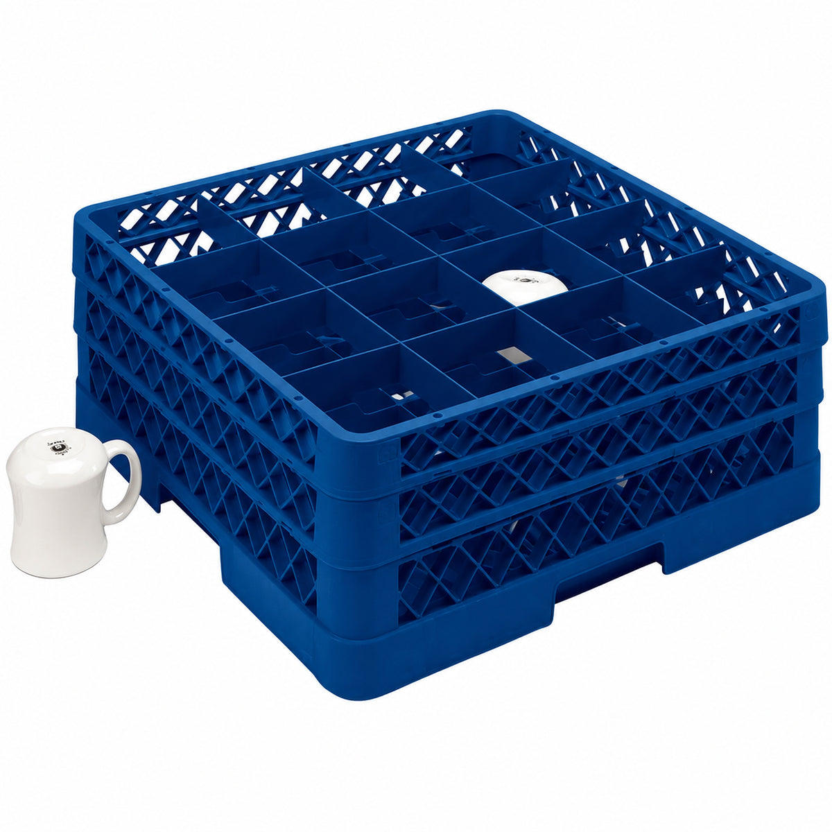 Vollrath - 16-Compartment Traex Full-Size Cup Rack, 19.75" x 19.75" x 7.125" in Royal Blue with 2 Risers - TR4DD-44
