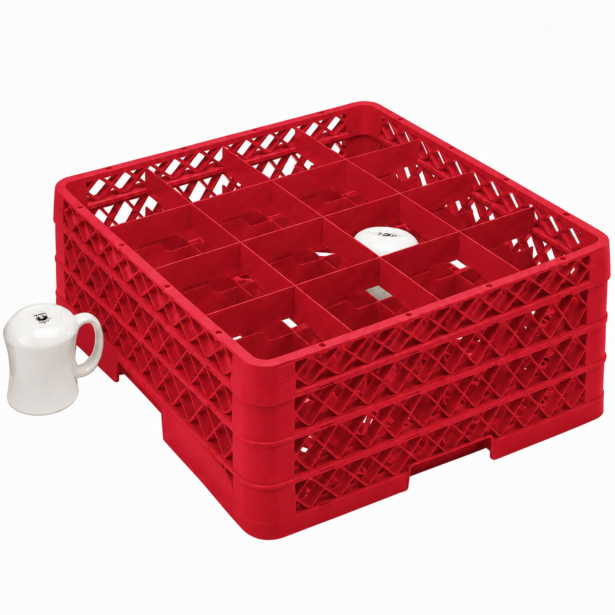 Vollrath - 16-Compartment Traex Full-Size Cup Rack, 19.75" x 19.75" x 8.75" in Red with 3 Risers - TR4DDD-02