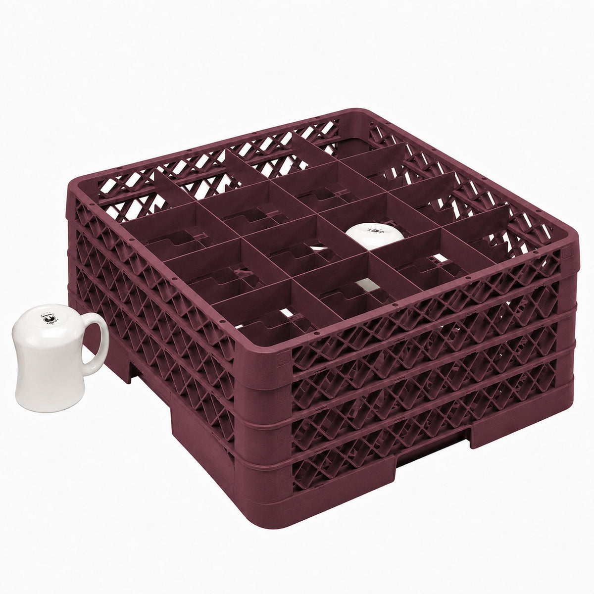 Vollrath - 16-Compartment Traex Full-Size Cup Rack, 19.75" x 19.75" x 8.75" in Burgundy with 3 Risers - TR4DDD-21