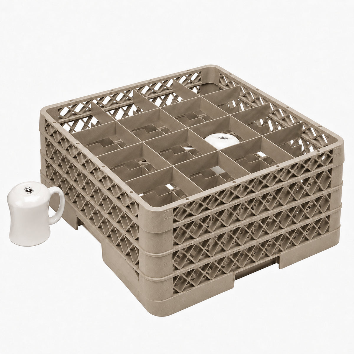 Vollrath - 16-Compartment Traex Full-Size Cup Rack, 19.75" x 19.75" x 8.75" in Beige with 3 Risers - TR4DDD