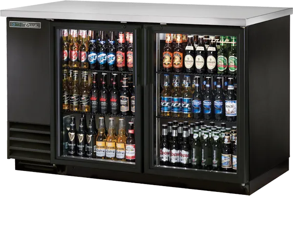 TRUE - 58" Black Glass Swing Double Glass Door Back Bar Cooler with LED Lighting & Hydrocarbon Refrigerant - TBB-2G-HC-LD