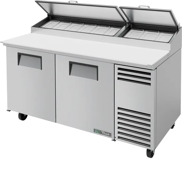 TRUE - 67" Stainless Steel Solid Door Pizza Prep Table with Angled Top and Hydrocarbon Refrigerant - TPP-AT-67-HC