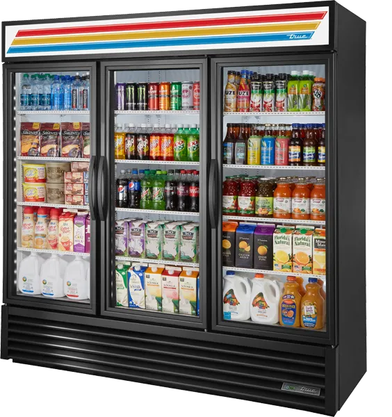 TRUE - 78" Black Swing Triple Glass Door Refrigerator with Hydrocarbon Refrigerant - GDM-72-HC