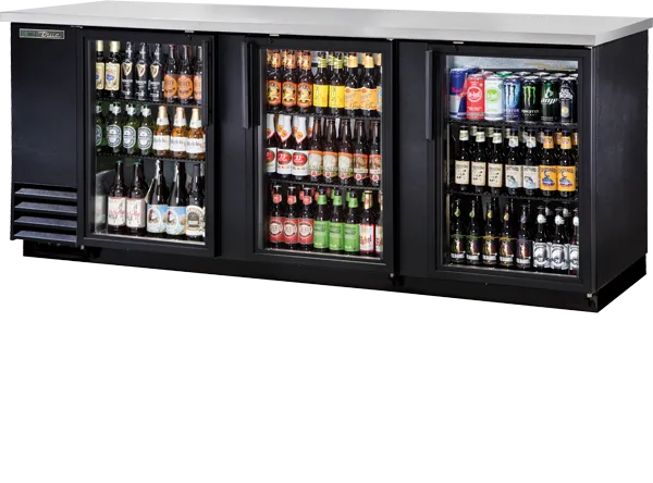 TRUE - 90" Black Glass Swing Triple Glass Door Back Bar Cooler with LED Lighting & Hydrocarbon Refrigerant - TBB-4G-HC-LD