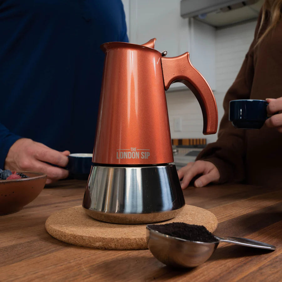 The London Sip - 10 Cup Copper Stainless Steel Stovetop Espresso Coffee Maker - EM10C