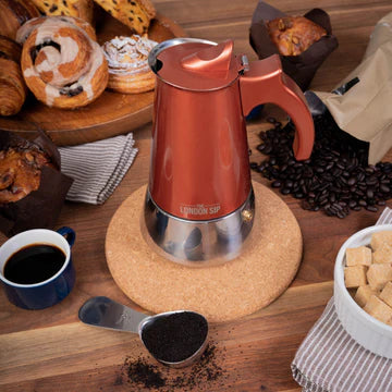 The London Sip - 10 Cup Copper Stainless Steel Stovetop Espresso Coffee Maker - EM10C