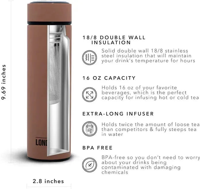 The London Sip - 16 Ounce Mocha Brown Tea Infuser Bottle - TB16-MCB