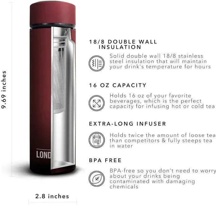 The London Sip - 16 Ounce Red Tea Infuser Bottle - TB16-R