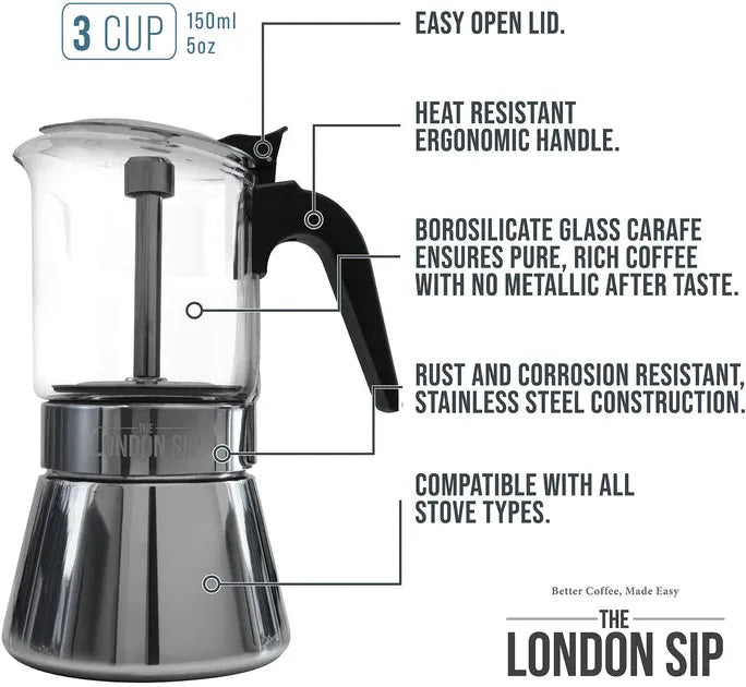 The London Sip - 3 Cup Black Glass Stovetop Espresso Coffee Maker - EM3G