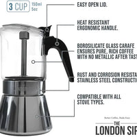 The London Sip - 3 Cup Black Glass Stovetop Espresso Coffee Maker - EM3G