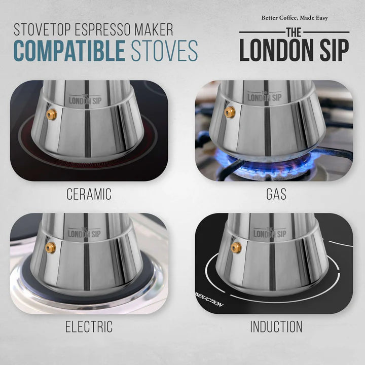 The London Sip - 3 Cup Black Glass Stovetop Espresso Coffee Maker - EM3G
