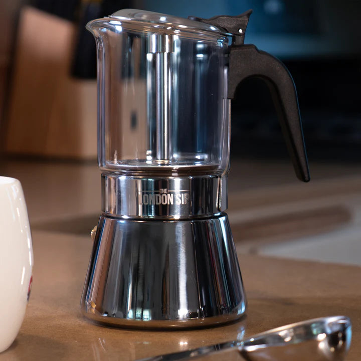The London Sip - 3 Cup Black Glass Stovetop Espresso Coffee Maker - EM3G