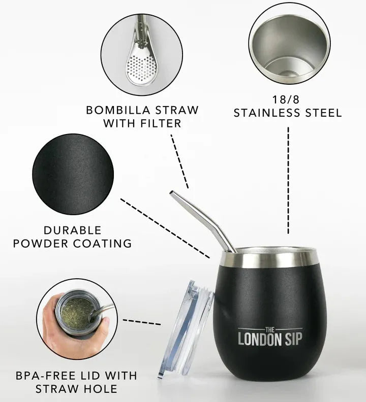 The London Sip - 8 Oz Black Yerba Mate Cup Set - YMC8S-B