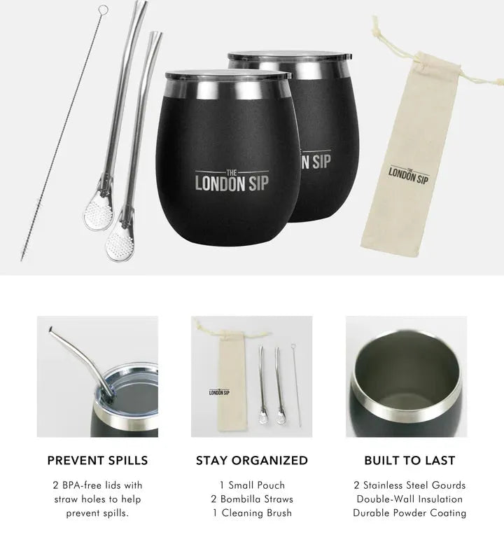 The London Sip - 8 Oz Black Yerba Mate Cup Set - YMC8S-B