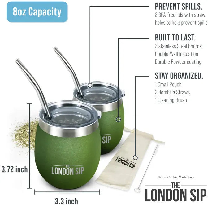 The London Sip - 8 Oz Green Yerba Mate Cup Set - YMC8S-G