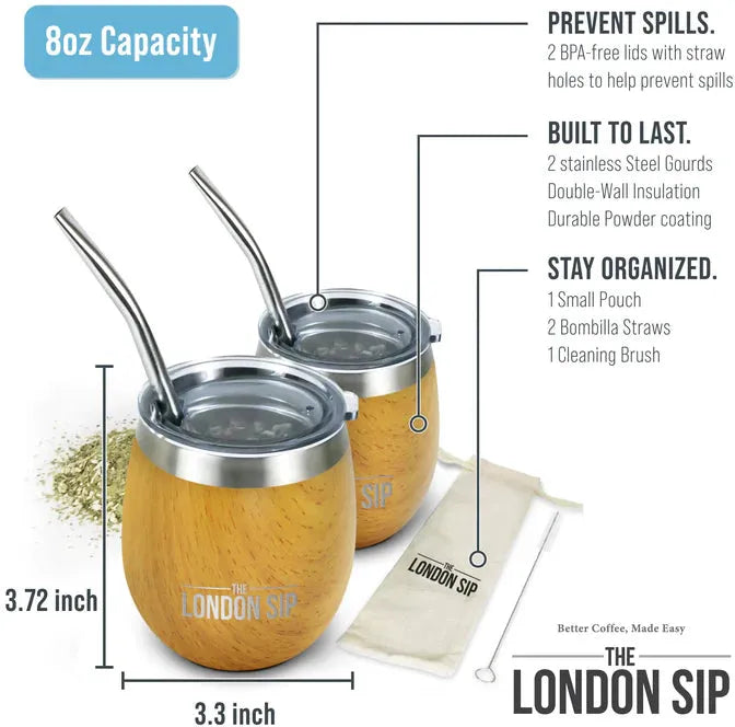 The London Sip - 8 Oz Light Burl Wood Yerba Mate Cup Set - YMC8S-LTB