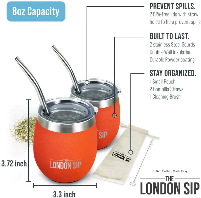 The London Sip - 8 Oz Orange Yerba Mate Cup Set - YMC8S-O
