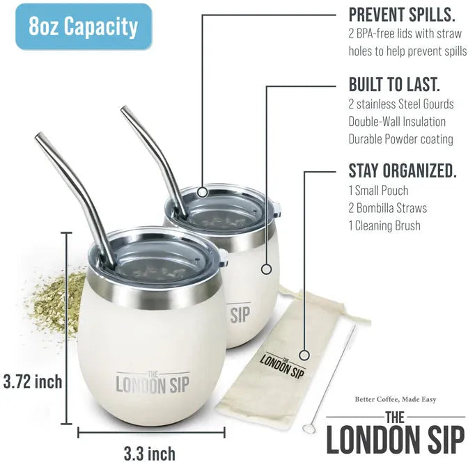 The London Sip - 8 Oz Pearl White Yerba Mate Cup Set - YMC8S-PRL