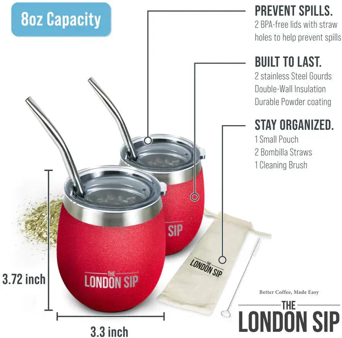The London Sip - 8 Oz Red Yerba Mate Cup Set - YMC8S-R