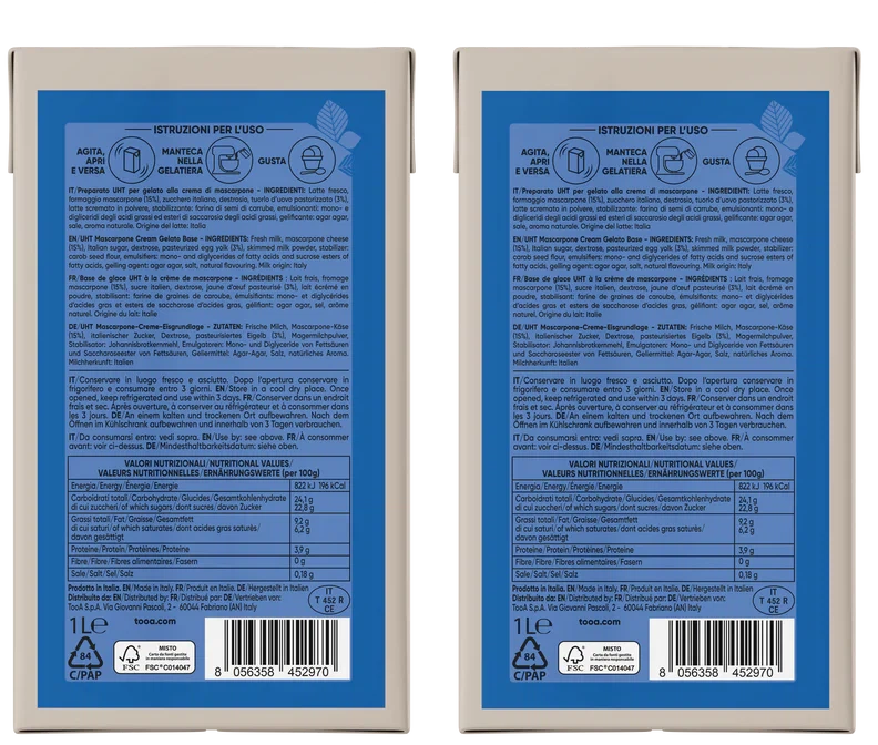 TooA - Mascarpone Cream Ice Cream, 1 L (Pack of 2) - MX-DA-0223-1L