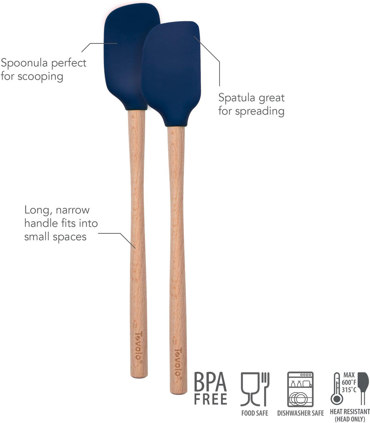Tovolo - Flex-Core Wood Handle Mini Deep Indigo Spatula & Spoonula, Set of 2 - TV60005-300