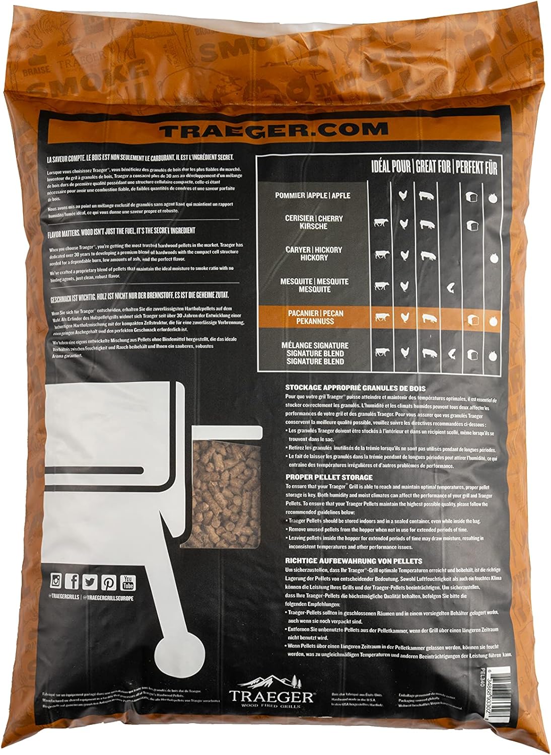 Traeger - Premium Hardwood Pecan Pellets, 9 kg - PEL340