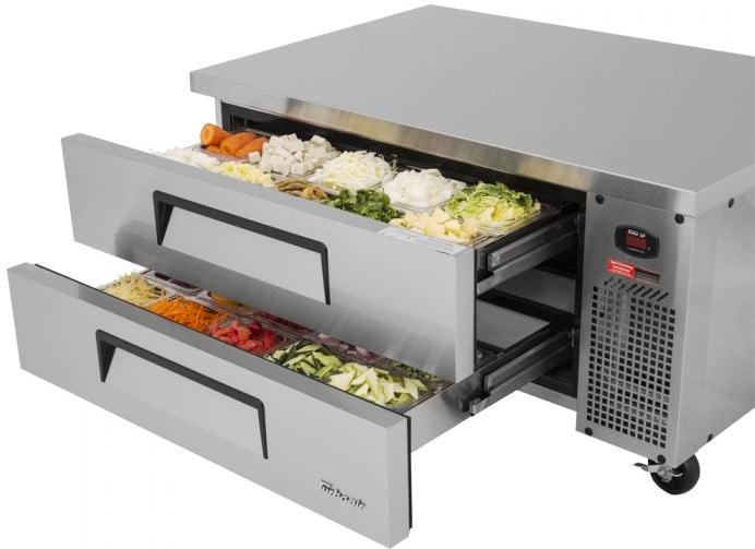 Turbo Air - 53.4" Silver Two Drawer Refrigerated Chef Base with Extended Top - TCBE-48SDR-E-N (ETA 5-6 Weeks)