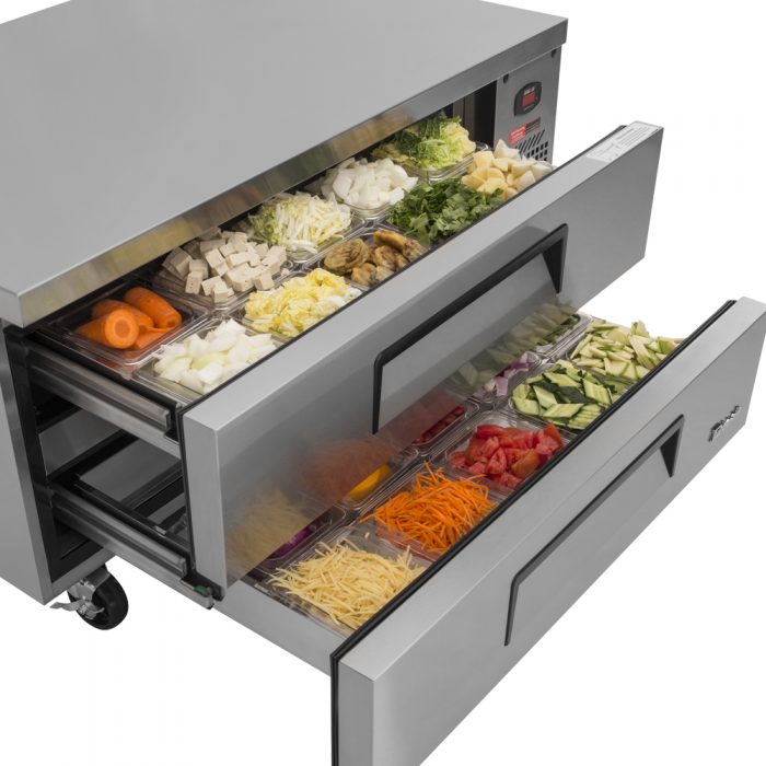 Turbo Air - 53.4" Silver Two Drawer Refrigerated Chef Base with Extended Top - TCBE-48SDR-E-N (ETA 5-6 Weeks)