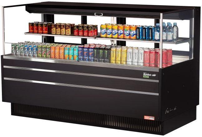 Turbo Air - 70.75" Black Low Profile Horizontal Open Display Case with 1 Tier 2 Glass Shelves + Deck - TOM-72L-UFD-B-2S-N (ETA 5-6 Weeks)