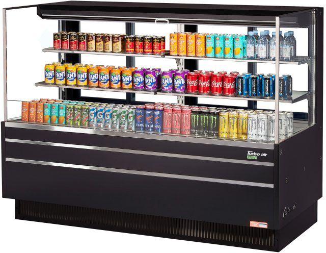Turbo Air - 70.75" Black Low Profile Horizontal Open Display Case with 2 Tiers 4 Glass Shelves + Deck - TOM-72L-UFD-B-3S-N (ETA 5-6 Weeks)