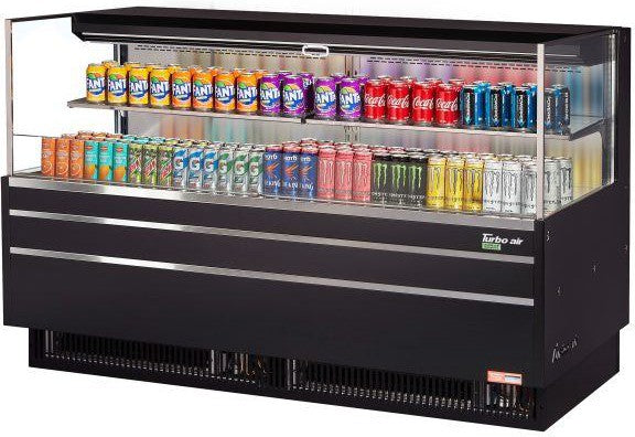 Turbo Air - 70.75" Black Low Profile Horizontal Open Display Merchandiser with Glass Side Panel and 1 Shelf - TOM-72L-UF-B-2S (ETA 5-6 Weeks)