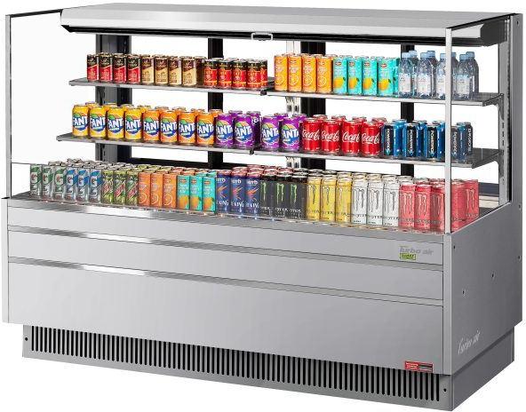 Turbo Air - 70.75" Silver Low Profile Horizontal Open Display Case with 2 Tiers with 4 Glass Shelves + Deck Only - TOM-72L-UFD-S-3S-N (ETA 5-6 Weeks)
