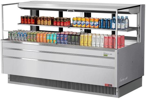 Turbo Air - 70.75" Silver Low Profile Horizontal Open Display Merchandiser Case with 1 Tier with 2 Glass Shelves + Deck Only - TOM-72L-UFD-S-2S-N (ETA 5-6 Weeks)