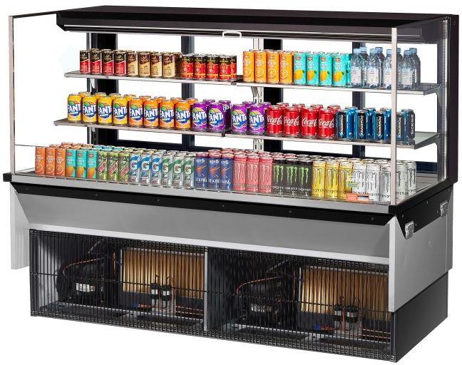 Turbo Air - 71.6" Black Low Profile Drop-In Horizontal Open Display Case with 2 Tiers 4 Glass Shelves + Deck - TOM-72L-UFD-B-3SI-N (ETA 5-6 Weeks)