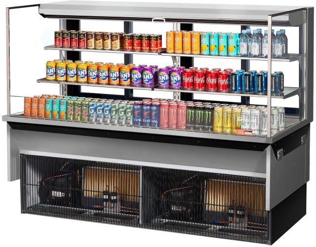 Turbo Air - 71.6" Silver Low Profile Drop-In Horizontal Open Display Case with 2 Tiers with 4 Glass Shelves + Deck Only - TOM-72L-UFD-S-3SI-N (ETA 5-6 Weeks)