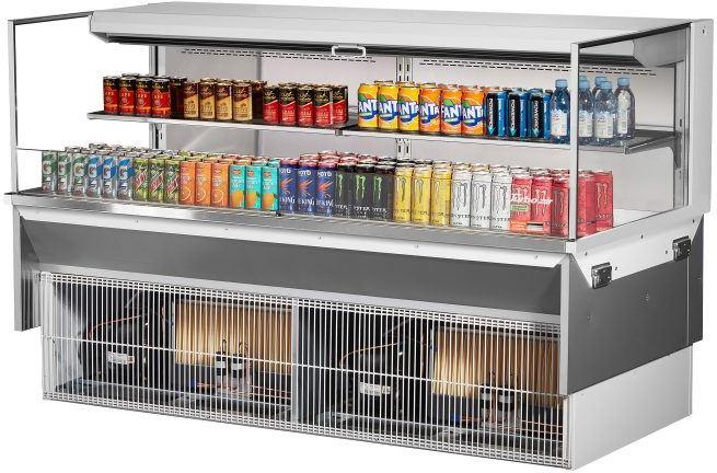 Turbo Air - 71.6" White Low Profile Drop-In Horizontal Open Display Case with 1 Tier 2 Glass Shelves + Deck - TOM-72L-UF-W-2SI-N (ETA 5-6 Weeks)