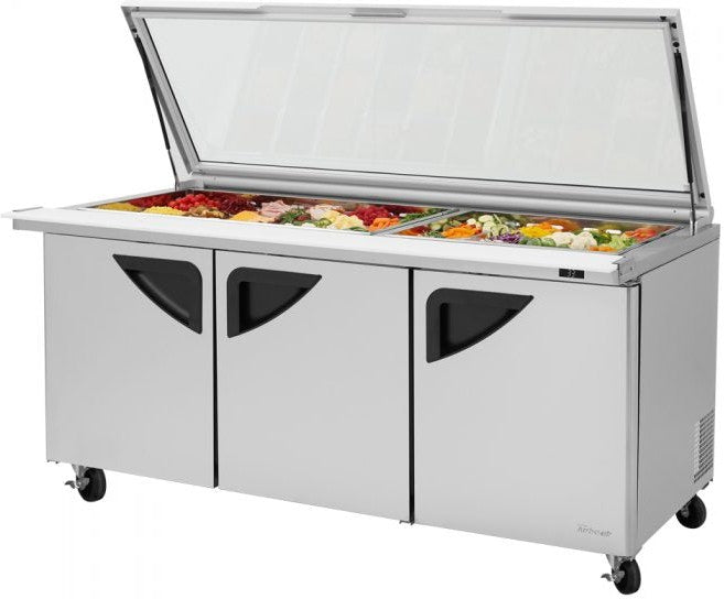 Turbo Air - 72" Mega Top Hinged Glass Lid Refrigerated Sandwich Prep Table with 3 Doors - TST-72SD-30-N-GL (ETA 5-6 Weeks)