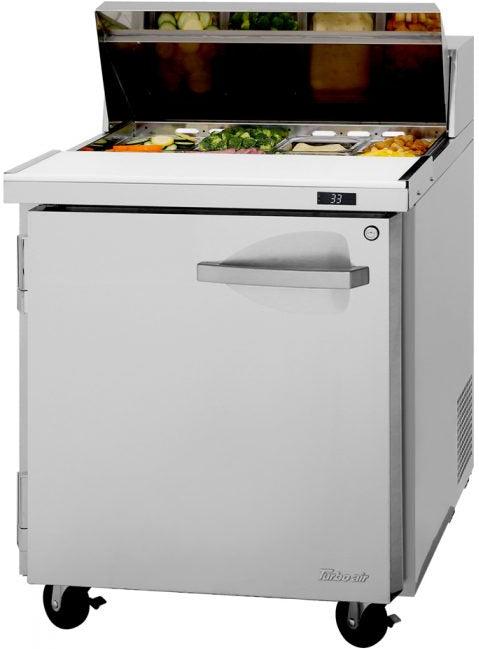 Turbo Air - PRO Series 27.5" Silver Mega One Section Sandwich/Salad Prep Table with Left Solid Hinged Door - PST-28-N(-L) (ETA 5-6 Weeks)
