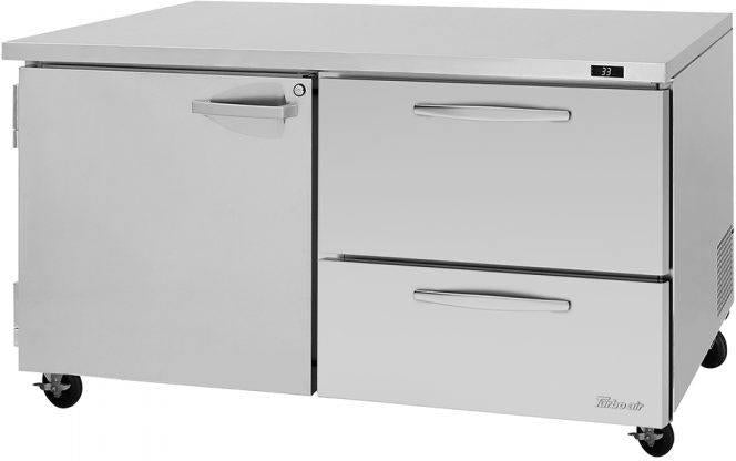 Turbo Air - PRO Series 60.25" Silver One Left Hinged Swing Solid Door Undercounter Refrigerator Drawers with Two Drawers - PUR-60-D2R(L)-N (ETA 5-6 Weeks)