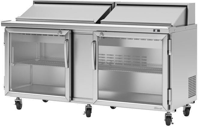 Turbo Air - PRO Series 72.6" Silver 2 Glass Hinged Swing Doors Sandwich/Salad Prep Table with Refrigerated Base and 2 Shelves - PST-72-G-N (ETA 5-6 Weeks)