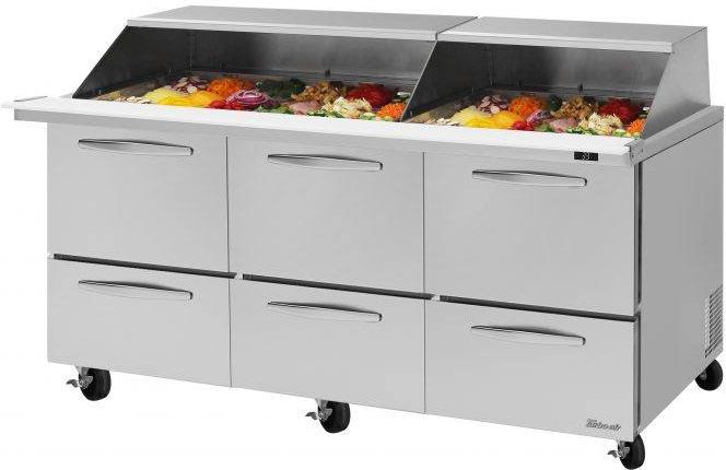Turbo Air - PRO Series 72.6" Silver Three-Section Mega Top Sandwich/Salad Prep Table with Slide Lids - PST-72-30-D6-N-SL (ETA 5-6 Weeks)